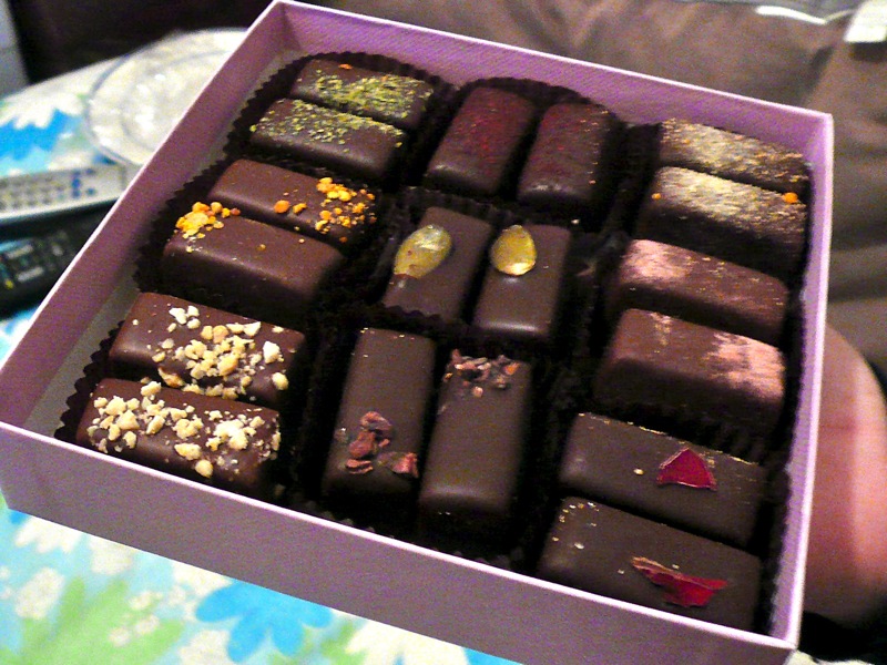 They were very fancy caramels from Vosges Chocolates, featuring nine 